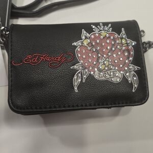 Ed Hardy Black Crossbody Bag with Heart and Love Design